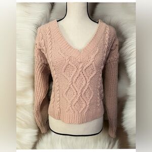 Sweet Envy, cable knit, V-necked, women’s size M, pastel pink, Pullover Sweater